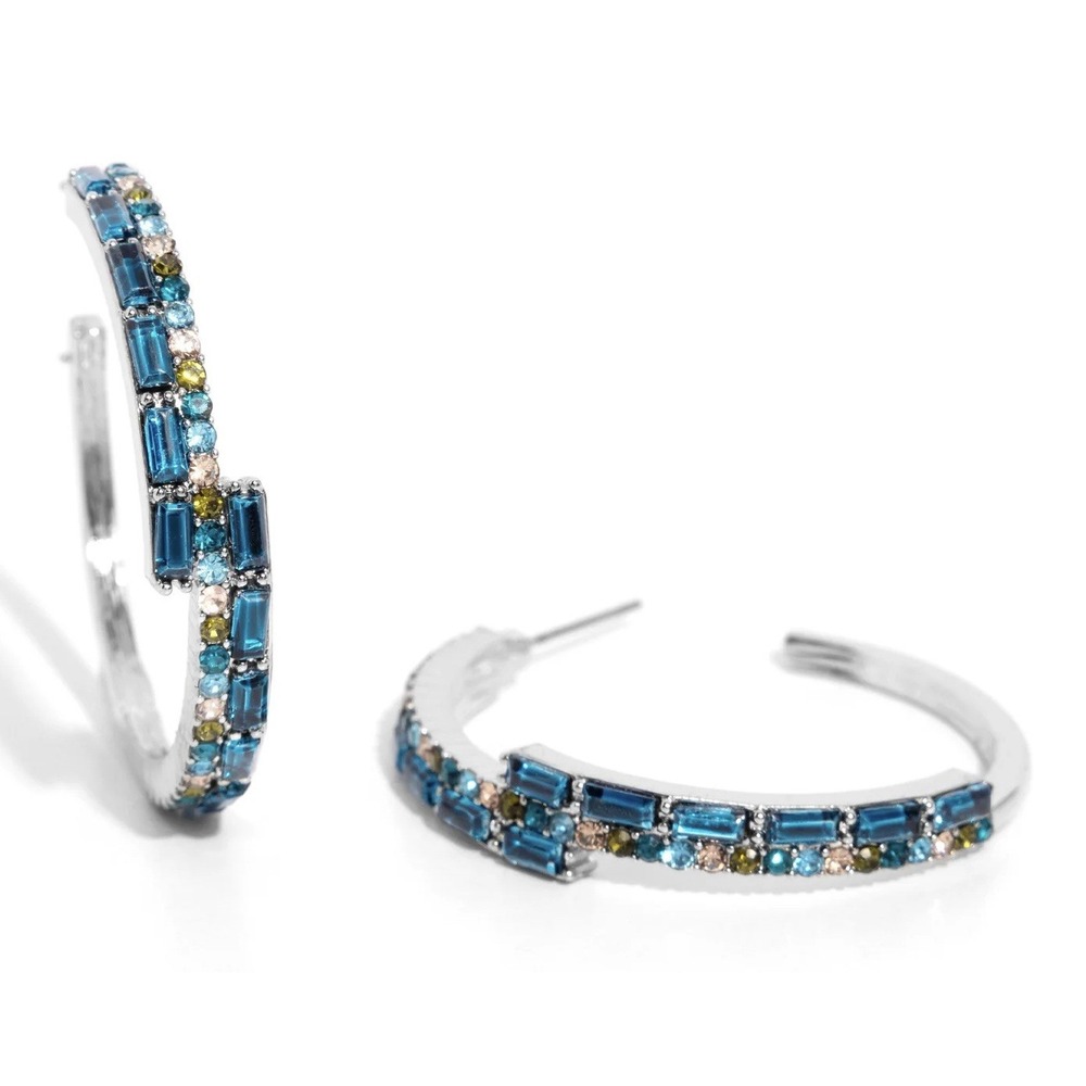 Blue Rhinestone Statement Hoop Earrings Silver Tone Large 2.75"